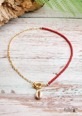 Boho Necklace, Blue Colorful Hippie Gold Shell